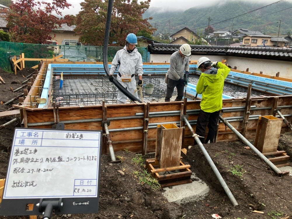 基礎工事　外周部立上り・耐圧盤　コンクリート打設状況③
